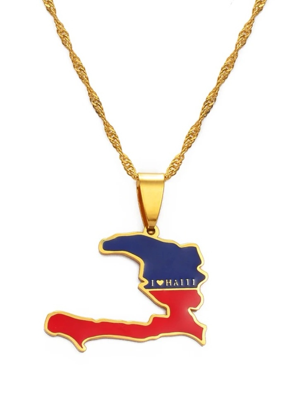Gold Haitian Flag Map Pendant Necklace - Blue & Red 18inch